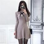 Crew-neck Knit A-line Dress With Brooch