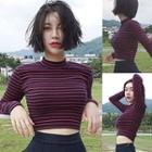 Pinstriped Long-sleeve Crop T-shirt As Shown In Figure - One Size