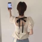 Puff Short-sleeve Lace-up Back Square-neck Shirt Almond - One Size