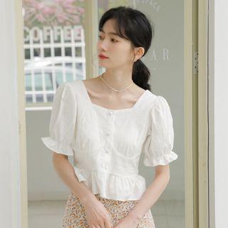 Bell-sleeve Square-neck Blouse White - One Size