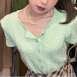 Short-sleeve Button-up Knit Top Avocado Green - One Size