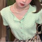 Short-sleeve Button-up Knit Top Avocado Green - One Size
