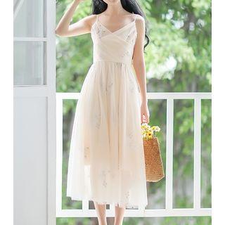 V-neck Floral Embroidered Mesh Strappy Dress