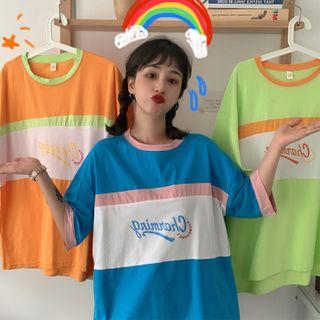 Lettering Color Panel Elbow-sleeve T-shirt