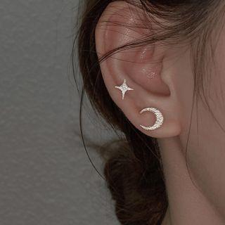 Asymmetrical Rhinestone Moon Star Stud Earring 1 Pair - Silver - One Size