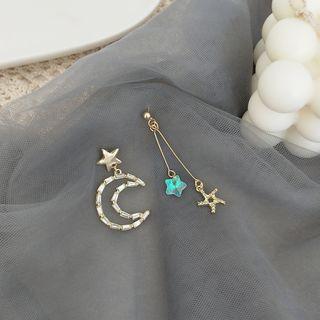 Non-matching Rhinestone Crescent & Star Drop Earring 1 Pair - 925 Silver Stud - Gold - One Size