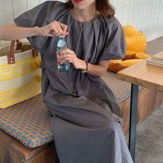 Puff-sleeve Plain Loose Fit Dress Gray - One Size