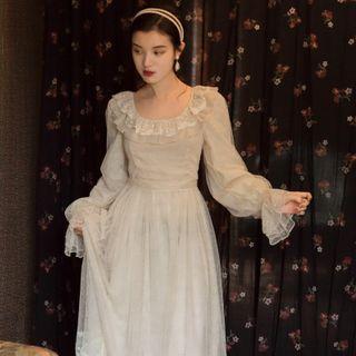 Ruffle Lace Trim Long-sleeve Maxi A-line Dress