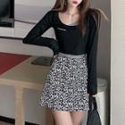 Long-sleeve Paneled T-shirt / Leopard Printed Mini A-line Skirt