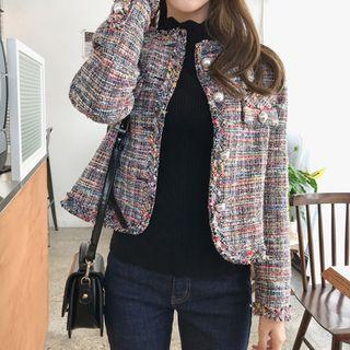 Faux-pearl Button Multicolor Tweed Jacket Black - One Size