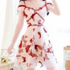 Butterfly Embroidered Cold-shoulder Short-sleeve Mini A-line Dress