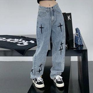 High Waist Cross Embroidered Loose Fit Jeans