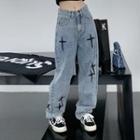 High Waist Cross Embroidered Loose Fit Jeans