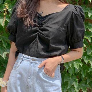 Drawstring Short-sleeve Blouse Black - One Size