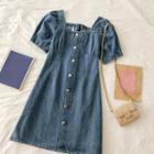 Short-sleeve Buttoned Denim A-line Dress