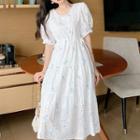 Puff Sleeve V-neck Embroidered A-line Dress