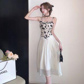Spaghetti-strap Floral Panel A-line Dress