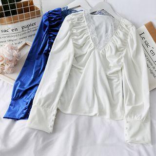 Lace-trim Ruched Velvet Blouse