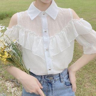 Cutout Shoulder Ruffle Plain Blouse White - One Size