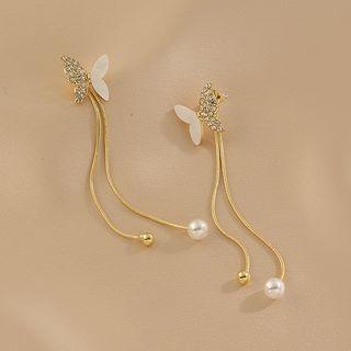 Butterfly Rhinestone Faux Pearl Alloy Fringed Earring 1 Pair - Gold - One Size