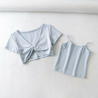 Set: Short-sleeve Knotted Crop T-shirt + Camisole Top