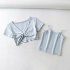 Set: Short-sleeve Knotted Crop T-shirt + Camisole Top