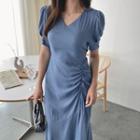 Puff-sleeve Shirred-trim Dress