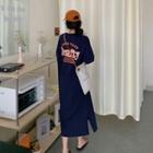 Elbow-sleeve Crew Neck Lettering Midi T-shirt Dress Navy Blue - One Size