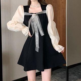 Mock Two-piece Long-sleeve Tie-front Mini A-line Dress