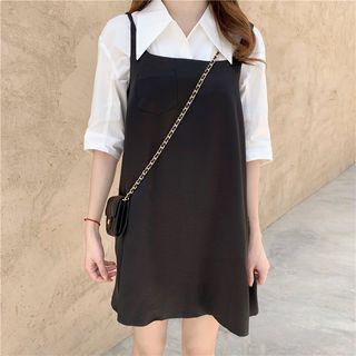 Plain Elbow-sleeve Shirt / Strappy Midi Dress