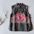 Floral Embroidered Faux Leather Cheongsam Vest Black - One Size