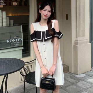 Cold-shoulder Two-tone Mini Shift Dress