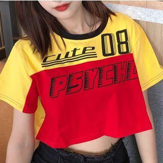 Color Block Lettering Short-sleeve Cropped T-shirt