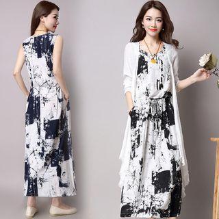 Set: Sleeveless Printed A-line Midi Dress + Light Jacket