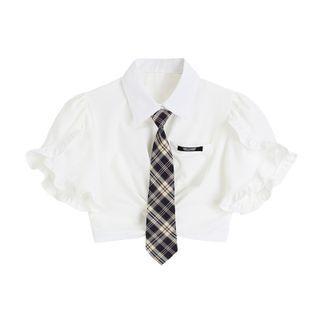 Short-sleeve Tie-neck Crop Shirt With Necktie - Shirt - White - One Size
