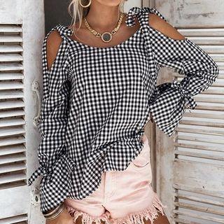 Plaid Cut Out Shoulder Long Sleeve Blouse