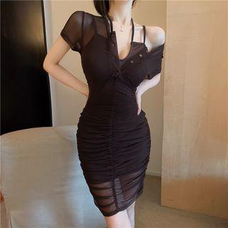 Set: Short-sleeve Mesh Mini Bodycon Dress + Slipdress
