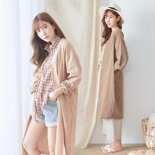 Plain 3/4-sleeve Open Front Long Jacket