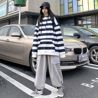 Striped Hooded Sweatshirt / Gather-cuff Cargo Pants / Set