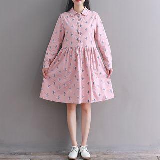 Leaf Print Long-sleeve Mini A-line Dress