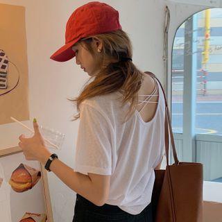 Short-sleeve Plain Sheer Open-back T-shirt
