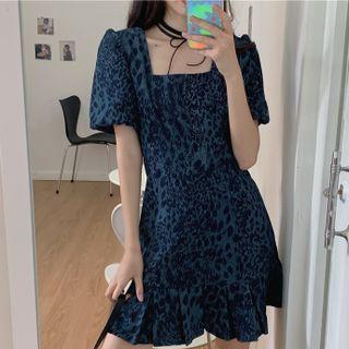 Square Neck Leopard Print Denim Mini Dress