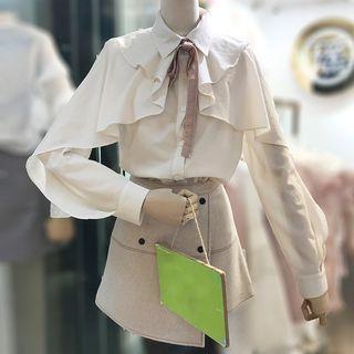 Set: Ruffle Trim Blouse + High Waist A-line Skirt
