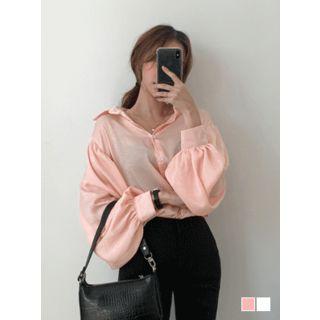 Balloon-sleeve Sheer Satin Blouse