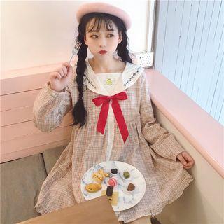 Embroidered Sailor Collar Check Long-sleeve A-line Dress