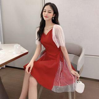 Short-sleeve Faux Pearl Mesh Panel Dress