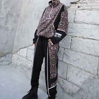 Leopard Print Panel Half-zip Pullover / Jogger Pants