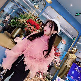 Ruffle Trim Long-sleeve Top Pink - One Size