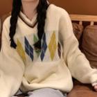 Argyle Flower Color Block Sweater