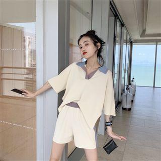 Elbow-sleeve Collared Top / Wide Leg Shorts